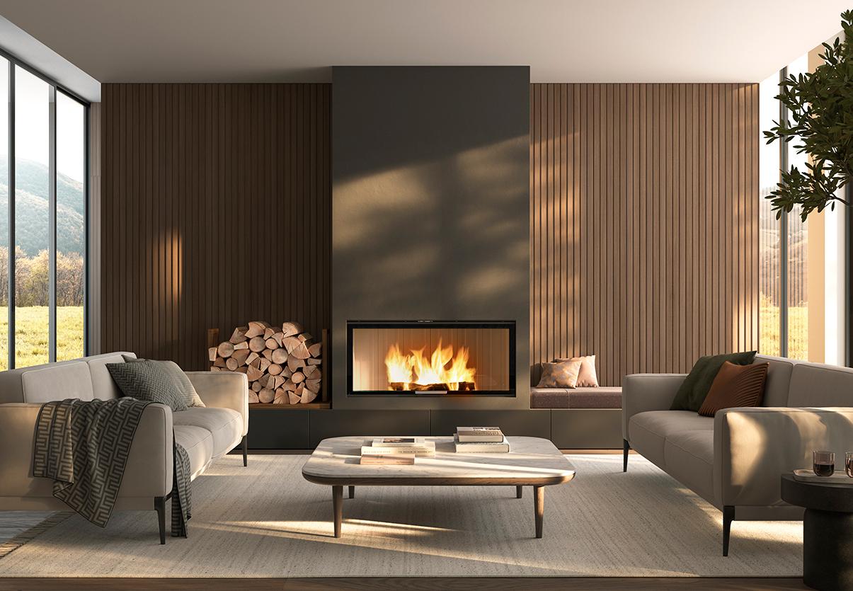 Foyer Frame de Girolami diffusant une chaleur douce dans un intérieur design, équipé d'une technologie de combustion propre et conforme aux normes écologiques