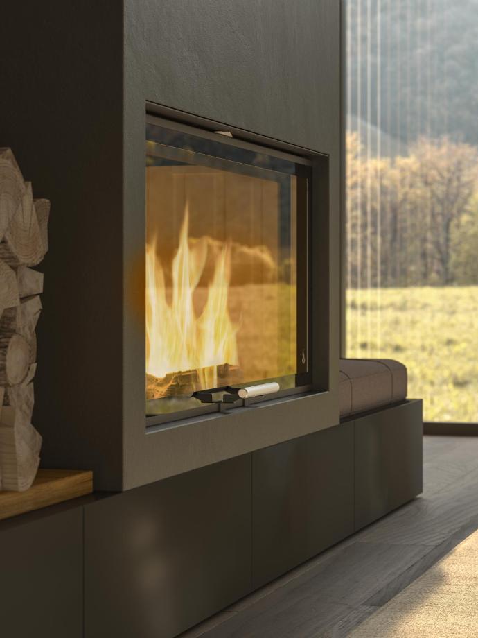 Foyer Frame de Girolami offrant une chaleur douce et uniforme, parfaitement intégré dans une cheminée contemporaine avec une grande visibilité de la flamme