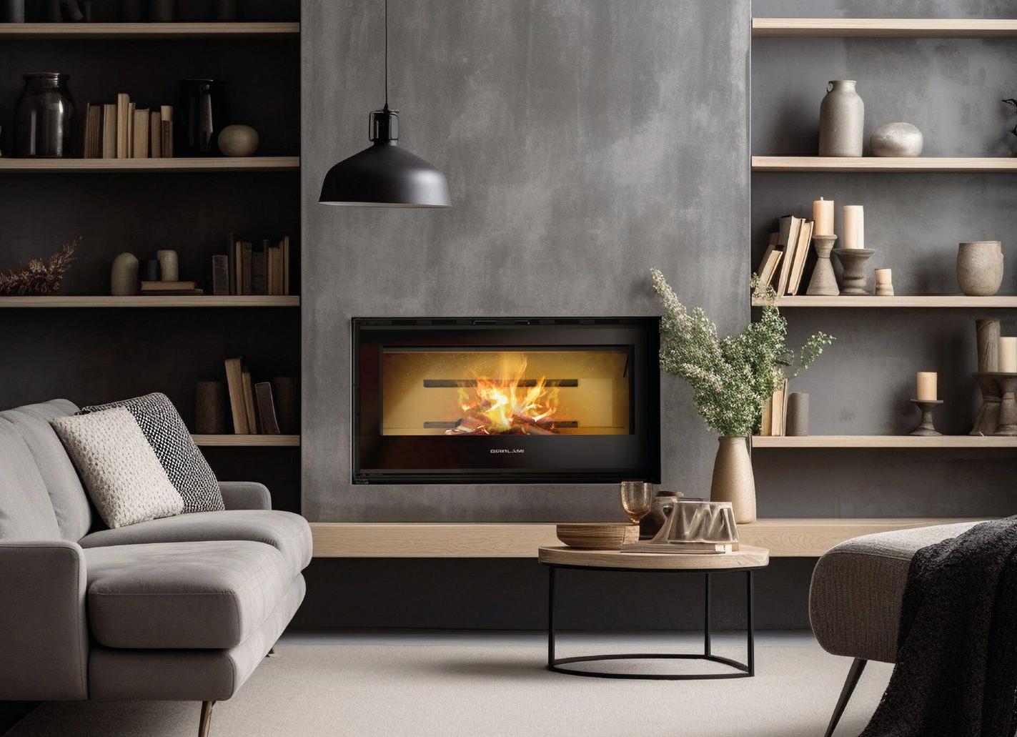 Insert Vision de Girolami diffusant une chaleur douce dans un intérieur contemporain, avec une large vitre offrant une vue dégagée sur la flamme