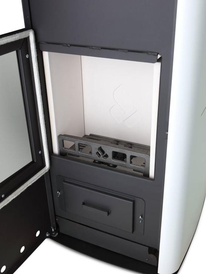 Poêle hybride hydro SOFT de Girolami, équipé d'un système breveté d'alimentation par le bas pour une combustion continue et propre