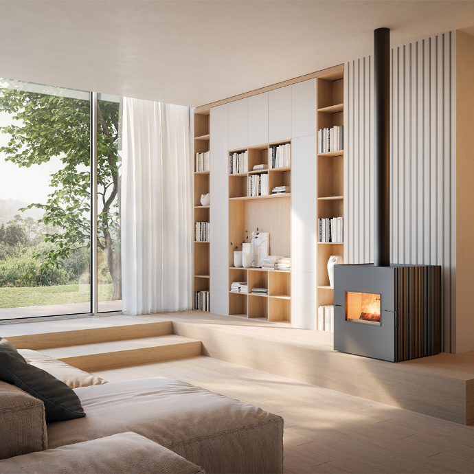 Poêle hybride Twin Mini de girolami en fonctionnement avec une grande visibilité de la flamme